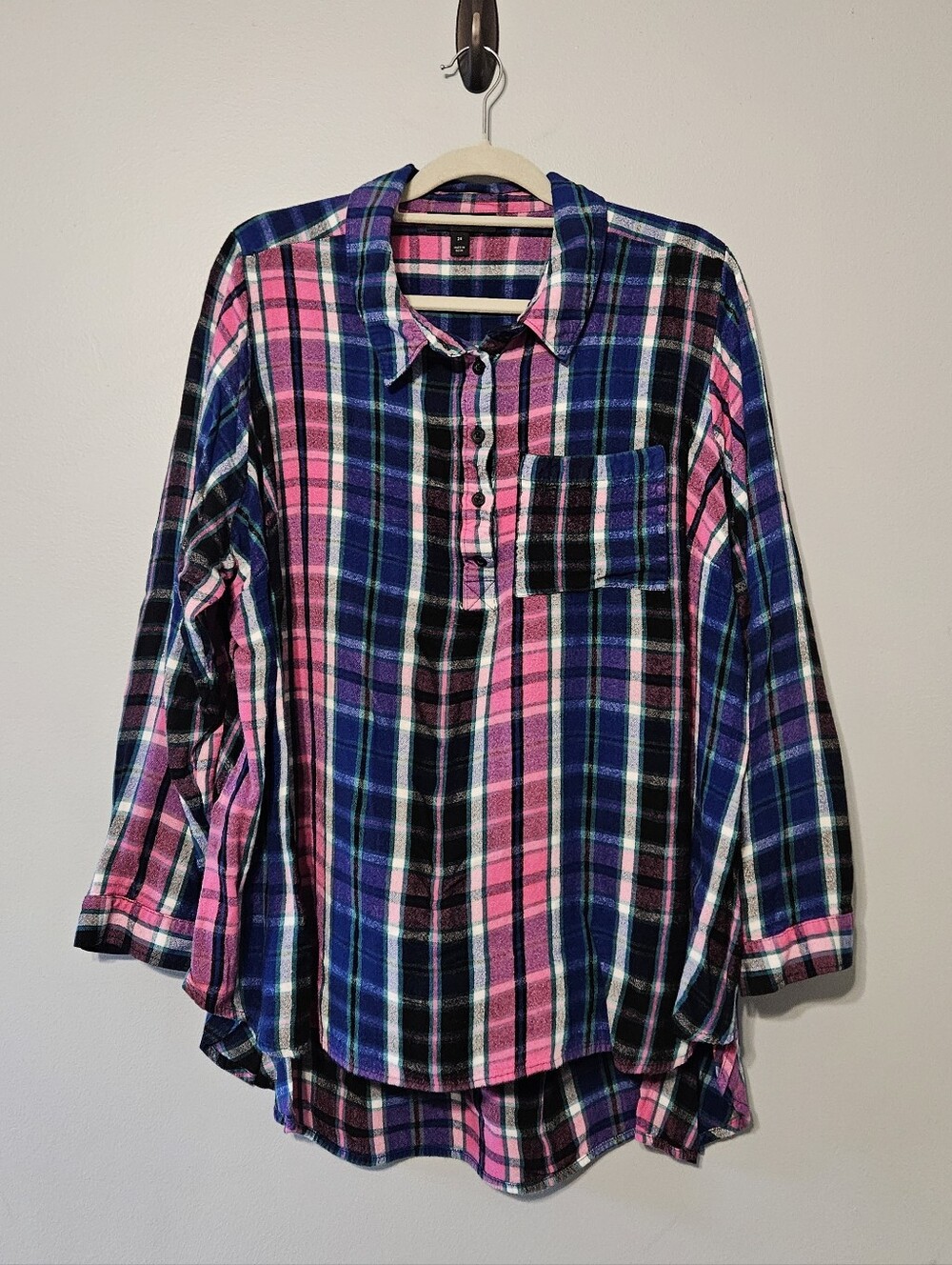 Lane Bryant Pink and Blue Plaid Half-Button Shirt